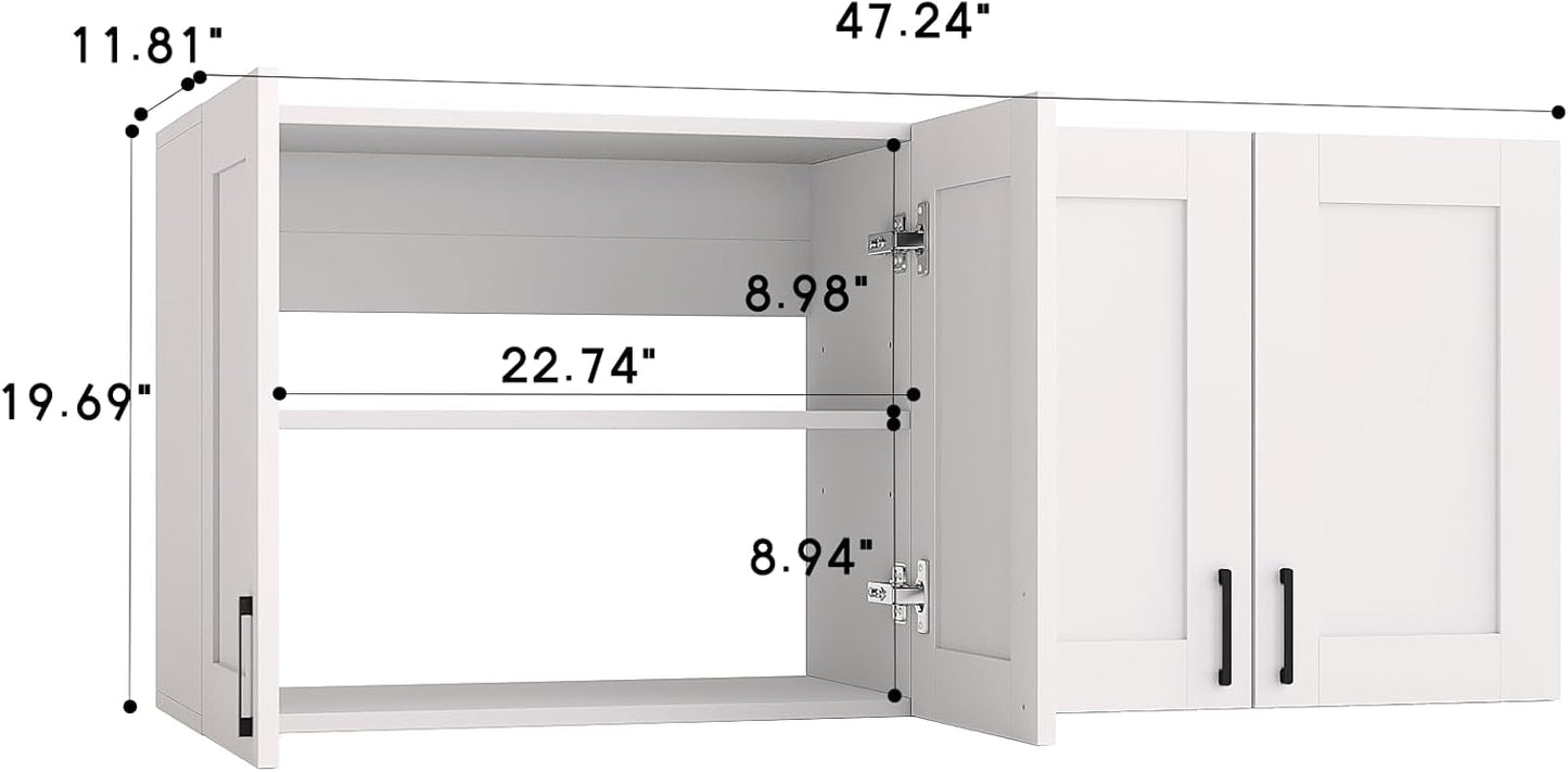 White Laundry Room Cabinets and Storage with 4 Doors and Utility Adjustable Shelf，Gabinetes Para Cocina Cupboard Kitchen Organizers and Storage Pantry Wall Mounted 12.4"D x 47.2"W x 19.7"H