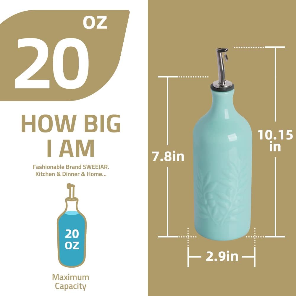 Sweejar Ceramic Olive Oil Dispenser Bottle, 20 Oz Relief Design EVOO Oil and Vinegar Dispensing Bottle with Spout for Kitchen, Set of 1 (Turquoise)