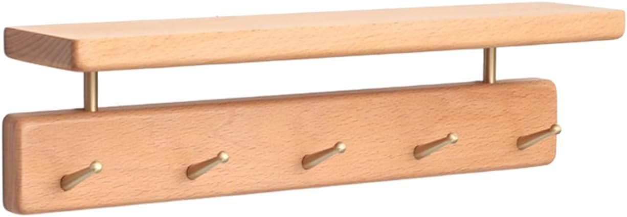 Shelf with Hooks, Solid Wood Bedroom Shelves for Wall, Wooden Coat Rack Wall Mount for Bathroom, Kitchen, Door Entryway (Beech, 38cm/14.96inch)