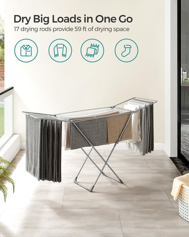 SONGMICS Clothes Drying Rack, Metal Laundry Drying Rack, Foldable, Space-Saving, Free-Standing Airer, with 2 Gullwings, Indoor Outdoor Use, Bed Linen Clothing, Gray ULLR540G01