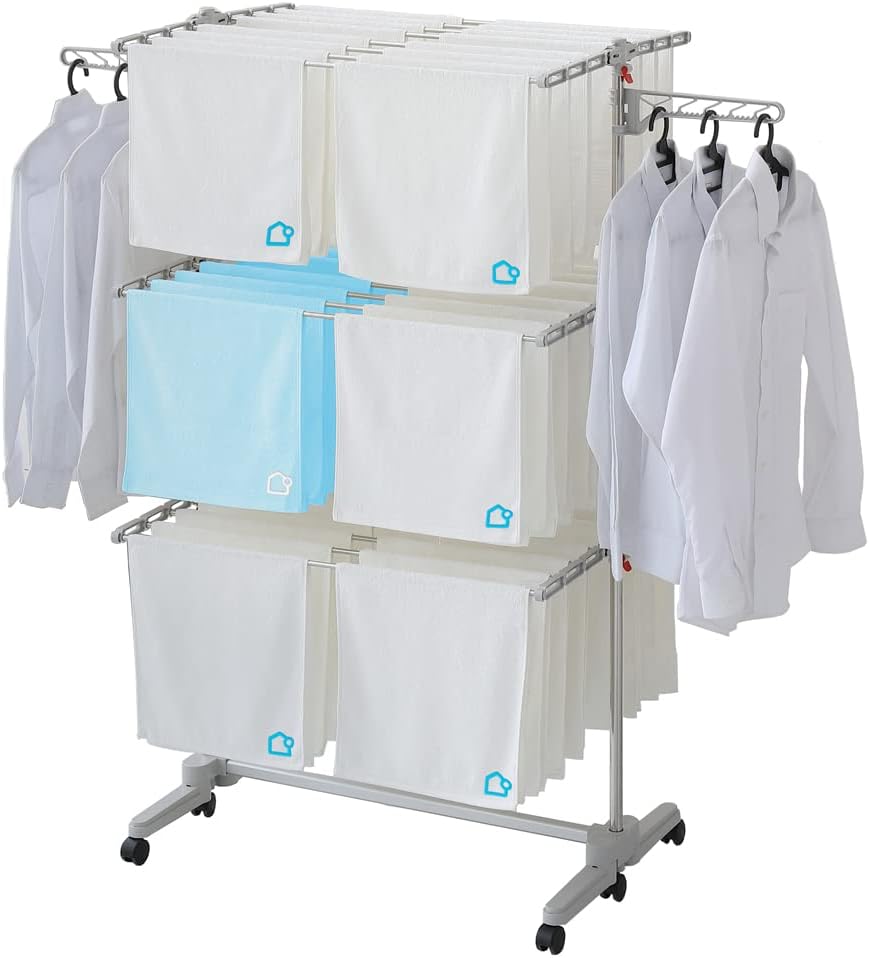 Foldable Laundry Drying Rack with Wheels - 48 Drying Rods, Heavy Duty, Movable, Perfect for Clothes, Duvet, Socks, Bed Linen, Sheets, 6 Wings