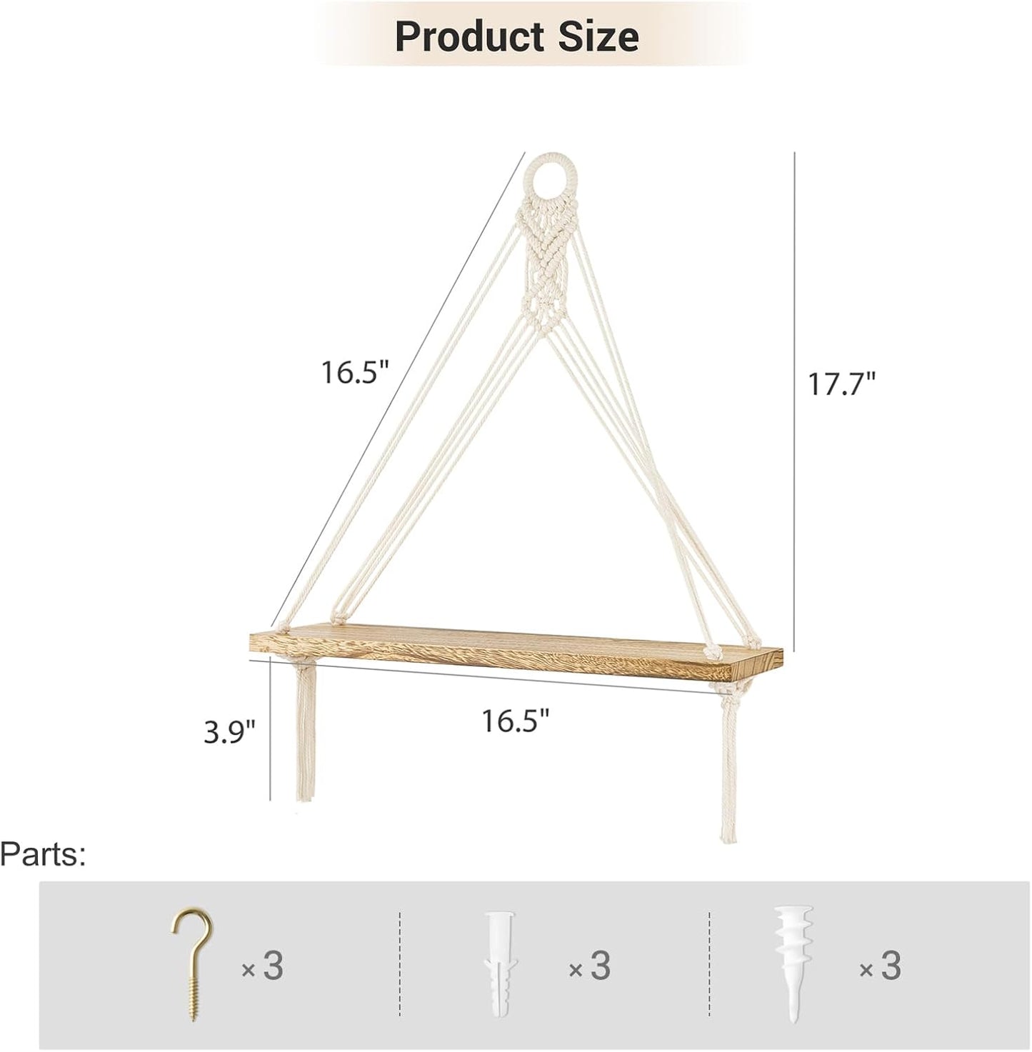 Mkono Macrame Hanging Shelves Boho Wall Decor Set of 3 Rustic Wood Floating Storage Shelf for Bedroom Bathroom Living Room Nursery Dorm Room, Display Shelving for Hanging Plants Photos