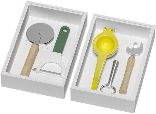 Bamboo Drawer Organizer, Cutlery Silverware Organizer for Kitchen Drawer, Stackable Utensil Organizer, 2 Pcs Flatware Organizer, Wooden Storage Box Tray (White, 9 X 6 X 2 Inch)