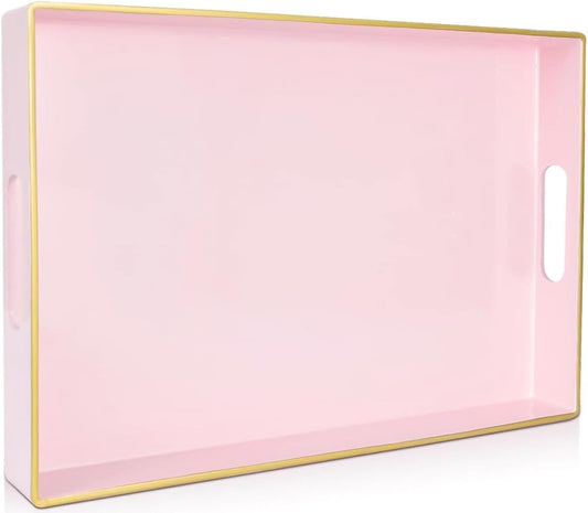 Large Pink Rectangular Decorative Tray – Plastic Serving Tray with Handles for Coffee Table, Ottoman, Living Room, 15.7” x 11.8” x 1.6