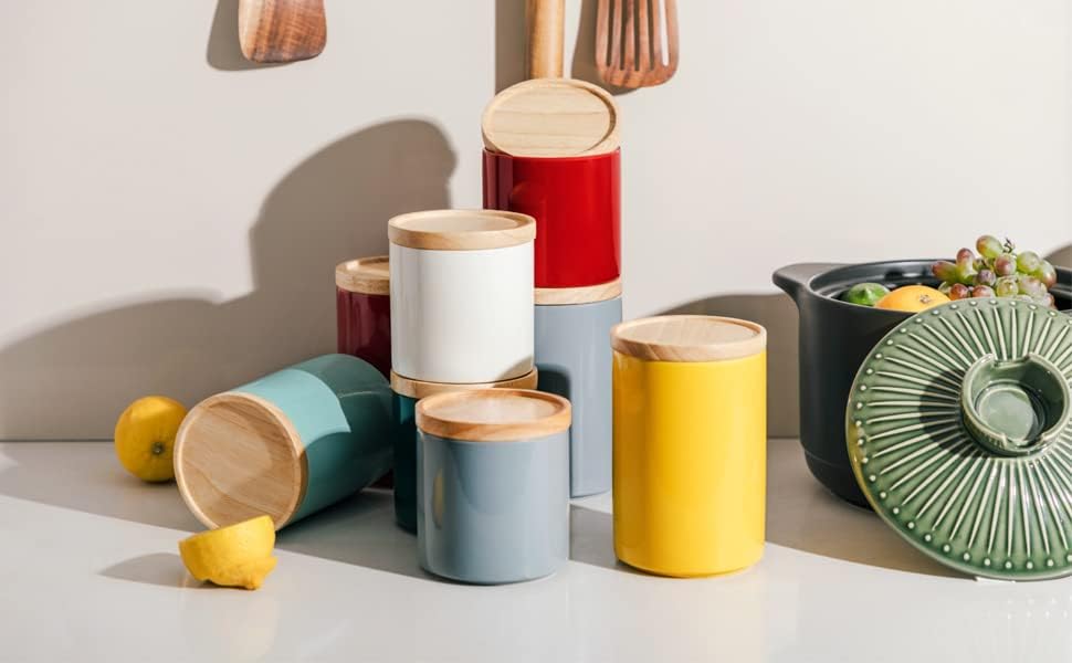 Sweejar Kitchen Canisters Ceramic Food Storage Jar, Stackable Containers with Airtight Seal Wooden Lid for Serving Ground Coffee, Tea, Sugar, Salt and More - 16 Fl Oz (Dark Turquoise)