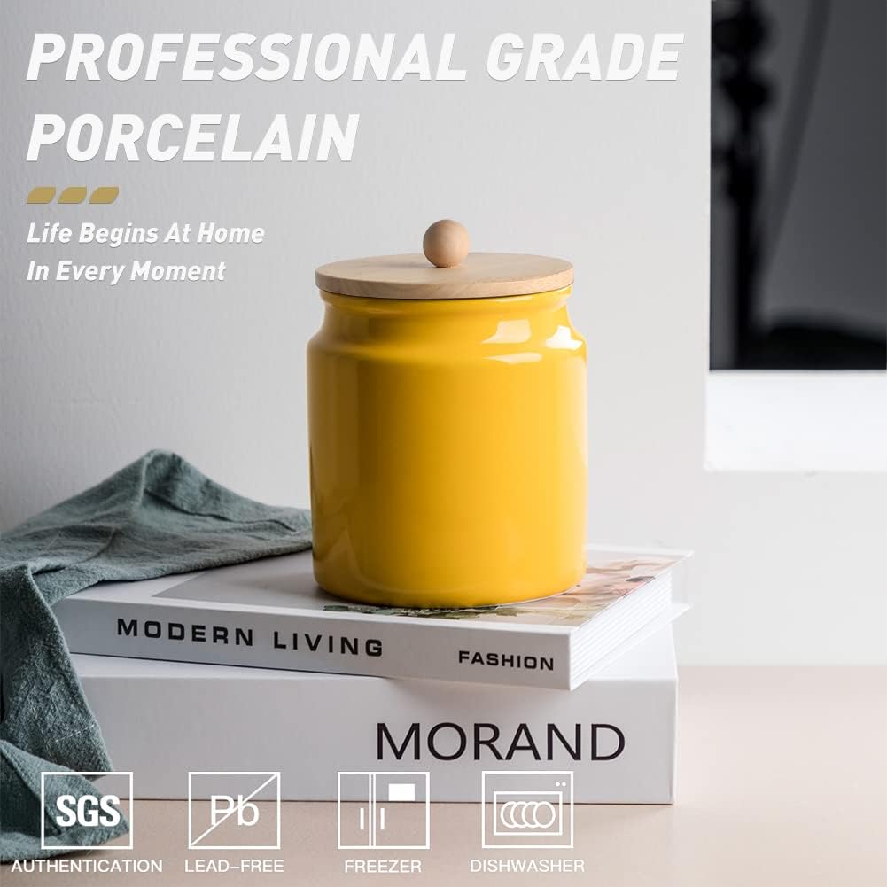 Sweejar Ceramic Kitchen Canisters, 28 FLOZ Porcelain Food Storage Jar with Airtight Seal Wooden Lid, Home Container Serving for Coffee Beans, Tea-leave, Sugar, Salt and More, Tool Bucket (Yellow)