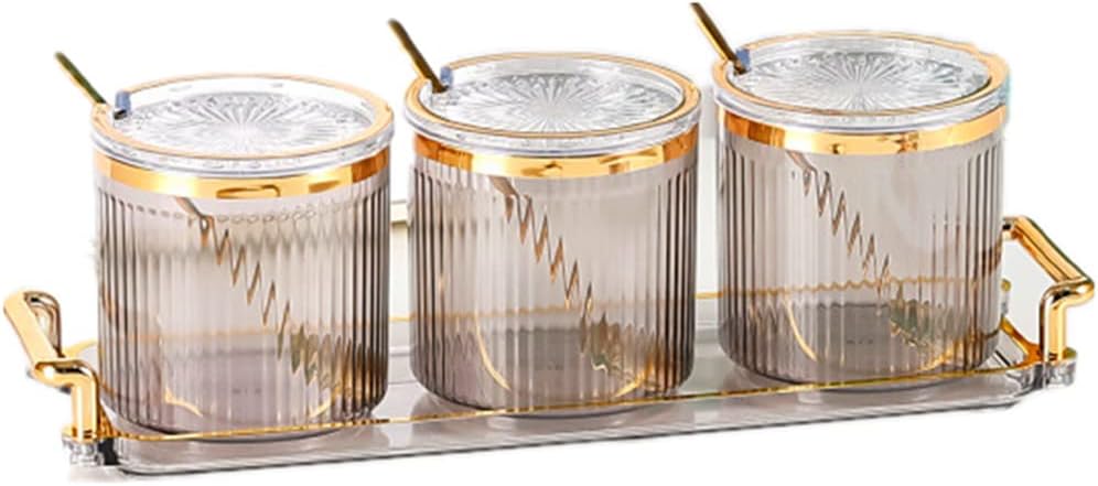 Acrylic Condiment Spice Jars,Condiment Spice Box With Lids and Spoons and Tray,Clear Plastic Condiment Canisters,Seasoning Box 3 Pack,Seasoning Box Set for Kitchen to Storage Salt,Paprika,Sugar