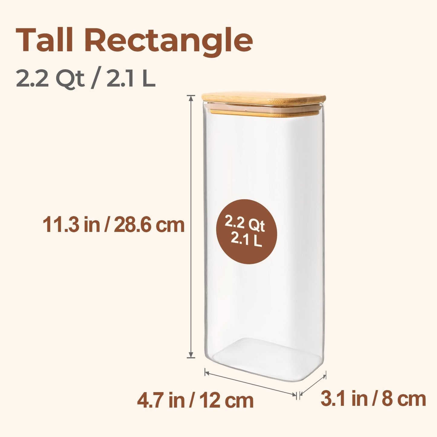 ComSaf 2.2 Qt Rectangle Glass Storage Containers with Lids, Glass Jars with Bamboo Lids, Clear Food Storage Jar, Tall Spaghetti Container, Pantry Storage Container for Pasta Flour Oats Nuts Rice