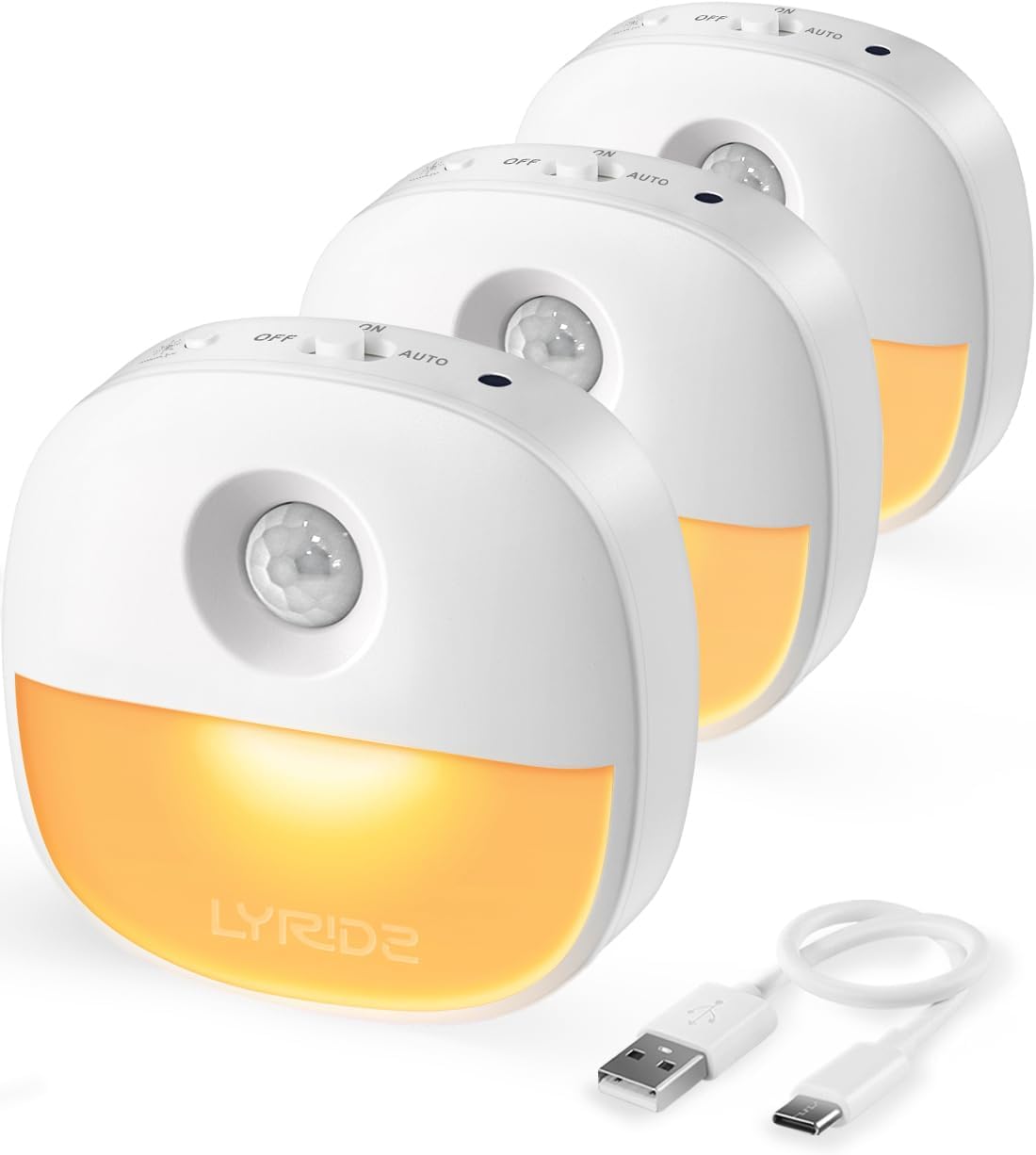 Lyridz Rechargeable Battery Night Light with Motion Sensor, Dimmable Amber Nightlights for Bathroom, Bedroom, Hallway, Stairs, Pet House, 3 Pack