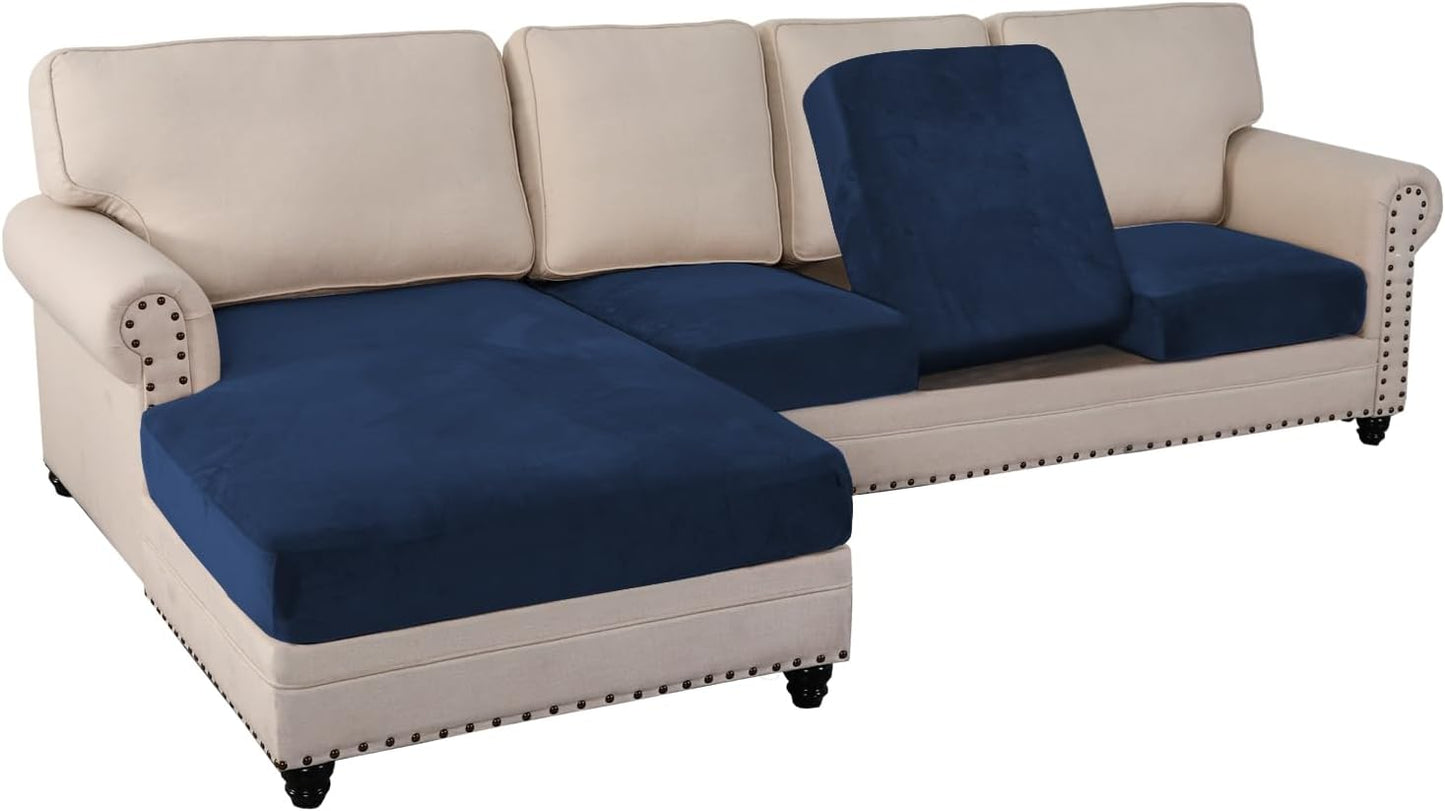 PrinceDeco Sectional Couch Covers 4 Pieces Couch Covers for Sofa Velvet Separate Couch Cover L Shape for Left/Right Chaise(3 Seater + 1 Chaise,Navy)