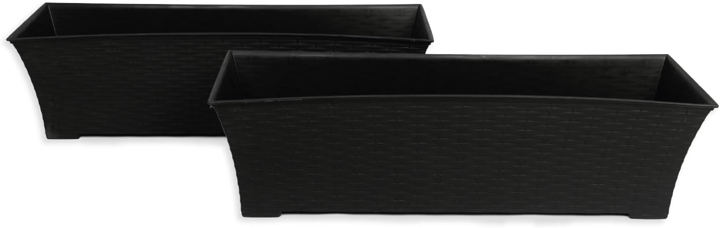 Elly Décor Set of 2 18x8 Rectangular Modern, Resistant and Self Watering Planter with Rattan-Like Finish, 18", Gray