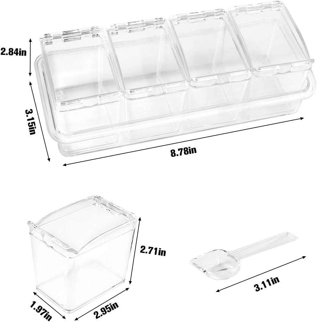 XIUDI Clear Seasoning Rack Spice Pots-4 Pieces Clear Seasoning Storage Container for Spice Salt Sugar Cruet.Acrylic Seasoning Box, Cruet with Cover and Spoon