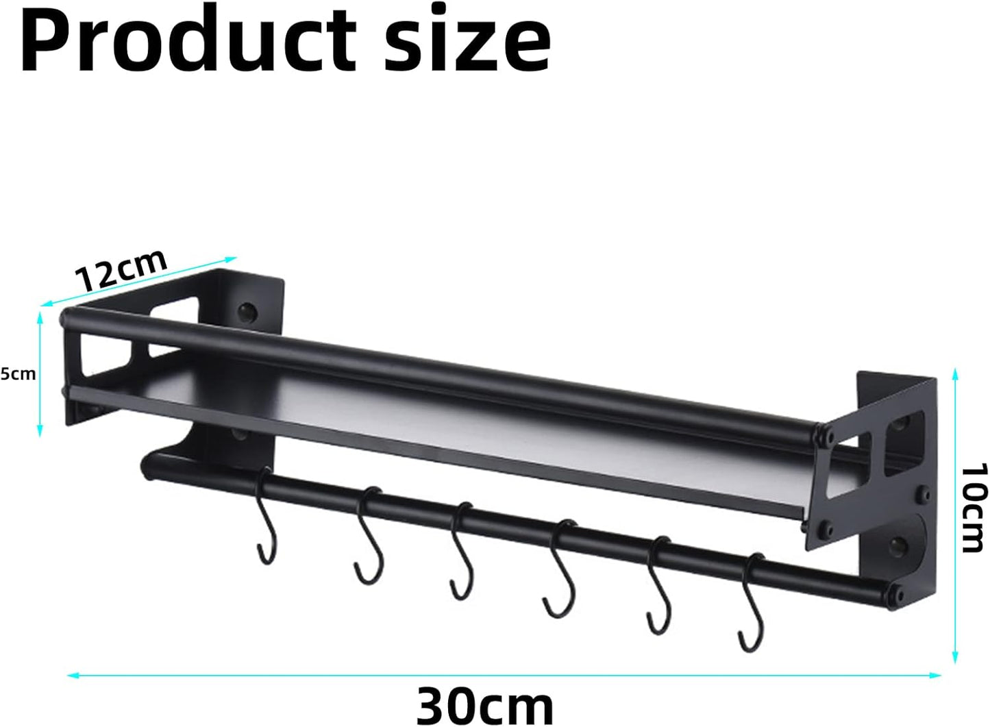 Wall Mount Storage Holder，Stainless Steel Strong Shelf with 6 Removable Hooks, Spice Rack Organizer，Kitchen Organizer Shelf, Space Saving Spice Rack and Kitchen Storage (black)