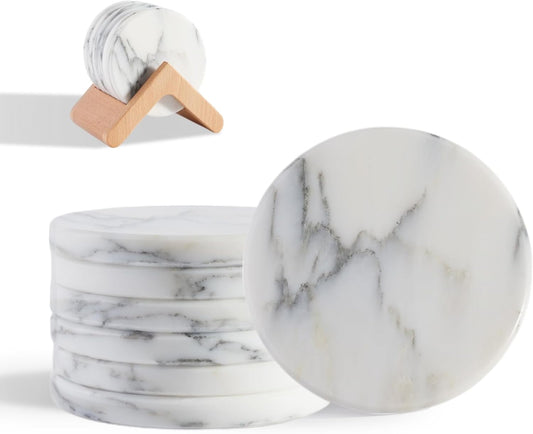 BCS Marble Coasters Set of 6 with Holder - Premium White Stone Drink Coasters, Durable Cup Mats for Coffee, Beer, Wine - Non-Slip Modern Table Decor for Home, Office, Dining