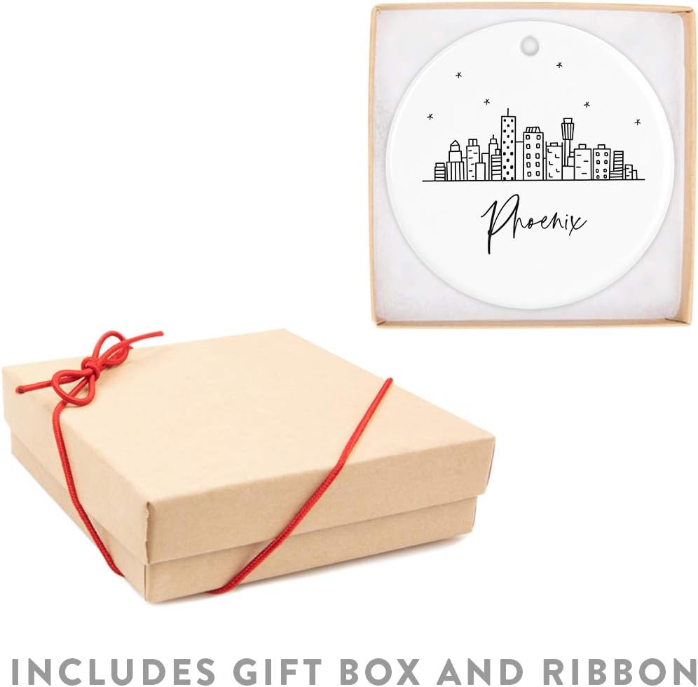 Andaz Press Round Ceramic Porcelain Christmas Tree Ornament Keepsake, Phoenix Black and White Stars City Skyline Graphic, 1-Pack, Birthday Gift Idea for Family Coworker Him Her, Includes Gift Box