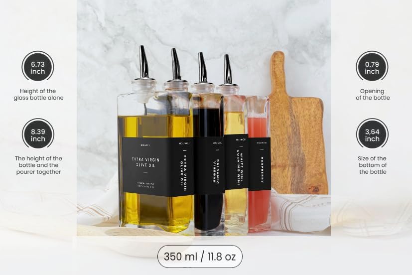Molimoli Olive Oil Dispenser Bottle for Kitchen, Automatic Pourer, Glass Dispenser for Kitchen, Olive Oil Cruet, | Set of 4 - Black