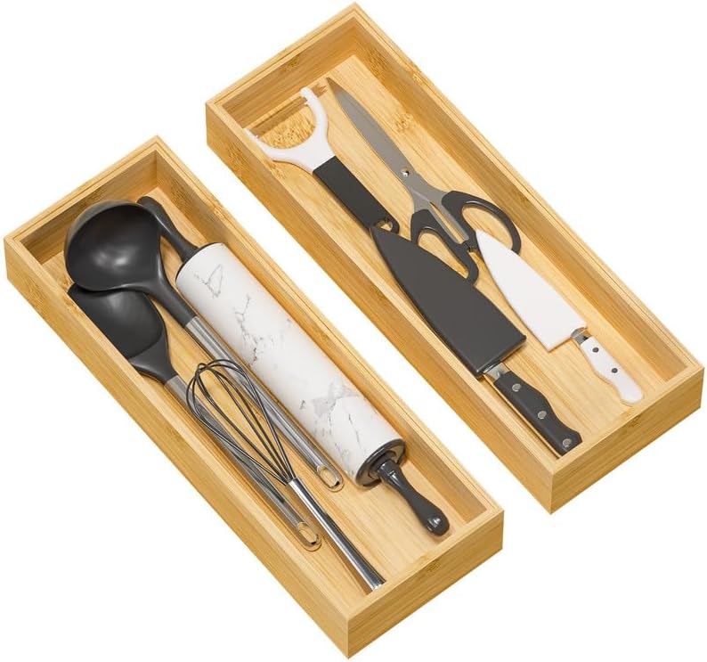 Kitchen Drawer Organizer Tray, Stackable Bamboo Deep Drawer Organizer for Large Silverware, Utensils, Cutlery, Flatware,Junk Drawer, Dresser, Bathroom, 17" x 6" x 2.5" (Set of 2)
