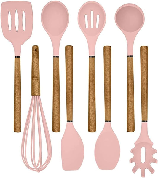 Country Kitchen Non Stick Silicone Utensil Set with Rounded Wood Handles for Cooking and Baking, 8 Piece Set, Pink