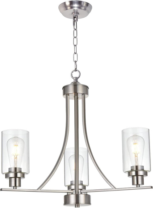 BONLICHT Contemporary Chandelier 3 Light Brushed Nickel Modern Lighting Fixtures Hanging Clear Glass Shades Pendant Light Classic Ceiling Lamp for Kitchen Dinging Room Living Room Bedroom Hallway