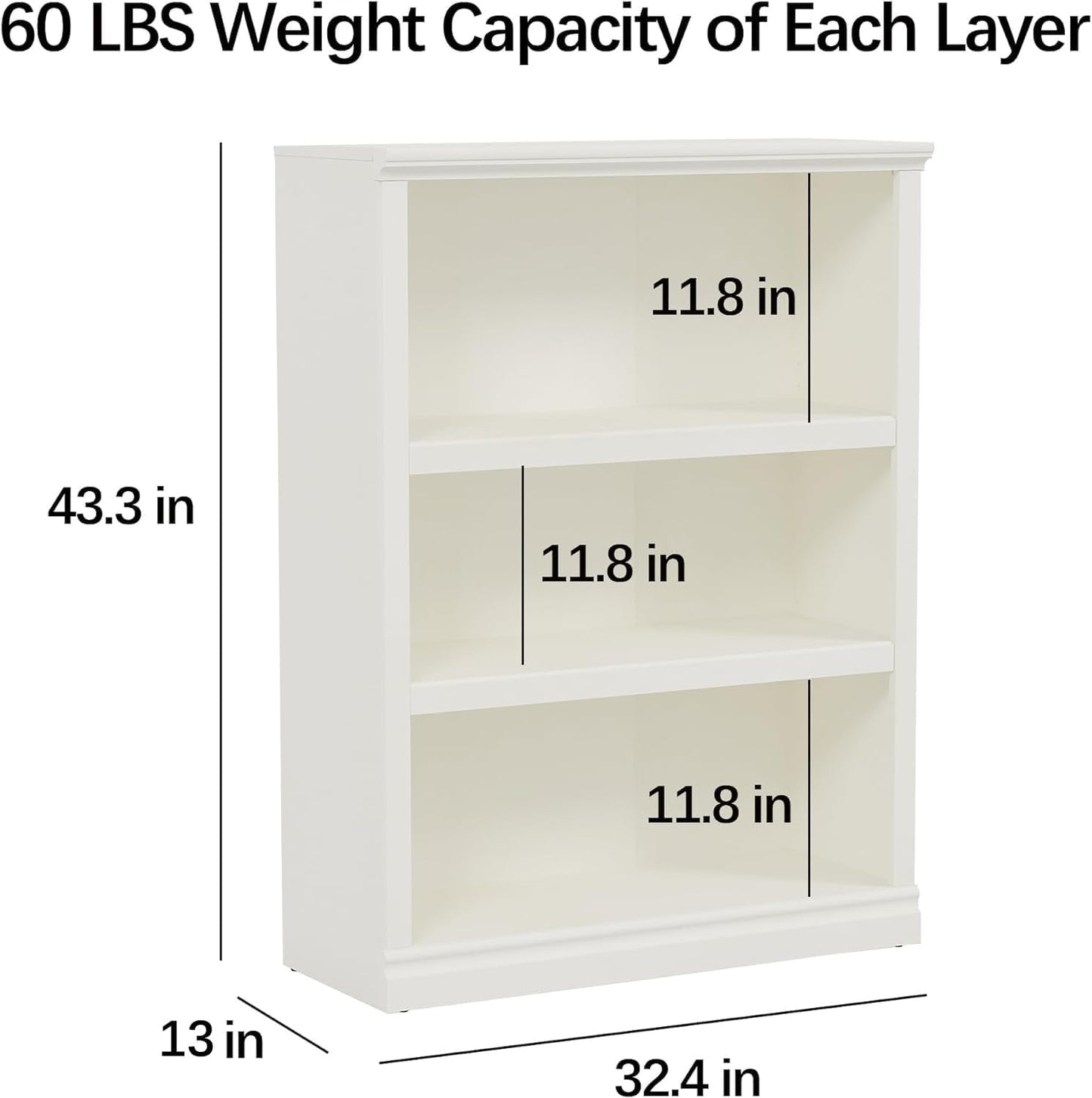 43 in Tall Bookcase, 3-Tier Bookshelf Open Storage, 33 inch Wide Floor Standing Indoor Furniture, Book Cases for Home School Library Office Bedroom Kids, White 3 Tiers