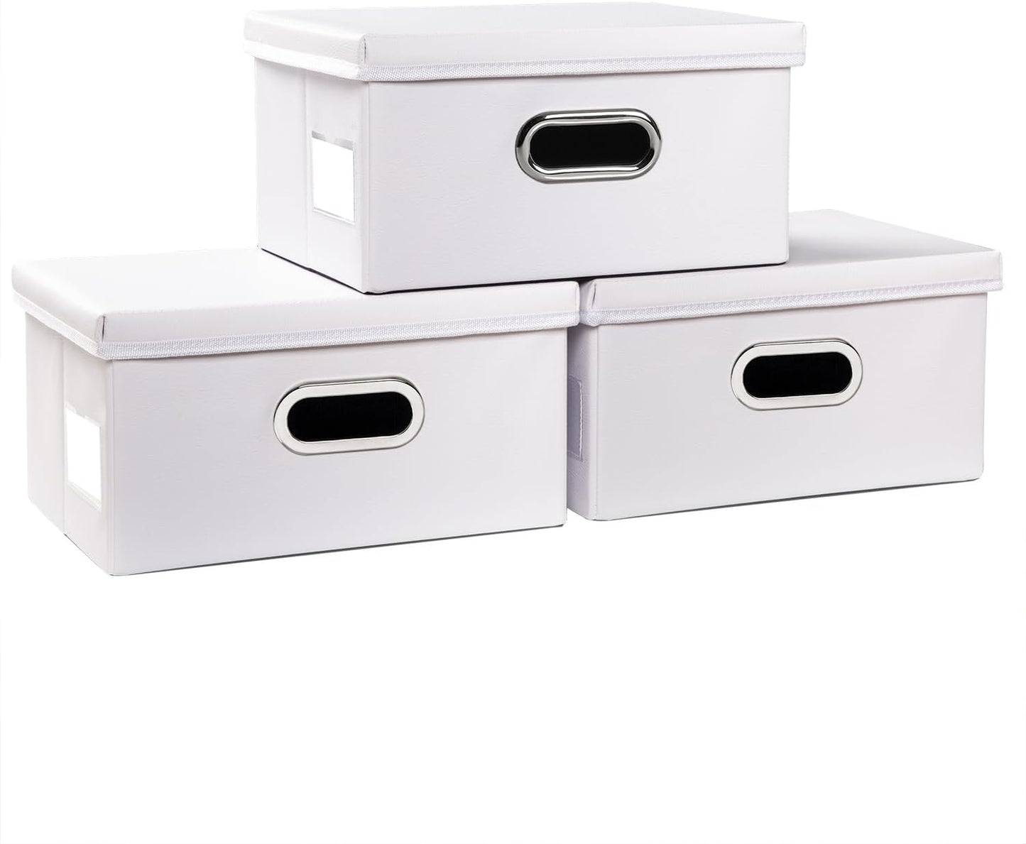 PRANDOM Collapsible Storage Box with Lid [3-Pack] Leather Fabric Foldable Storage Bin Organizer Container Basket Cube with Cover for Home Bedroom Closet Office Nursery White(13.6x9.6x6.9)