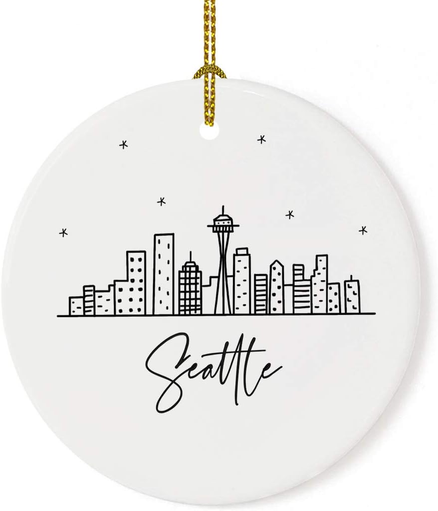 Andaz Press Round Ceramic Porcelain Christmas Tree Ornament Keepsake, Seattle Black and White Stars City Skyline Graphic, 1-Pack, Birthday Gift Ideas Family Coworker Him Her, Includes Gift Box