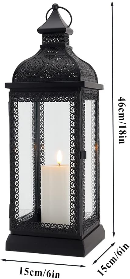 TRIROCKS Rustic Style Metal Candle Lantern 19'' High Decorative Hanging Lantern Candle Holder with Tempered Glass for Christmas Living Room Garden Yard Patio Parties Events Indoors Outdoors(Black)