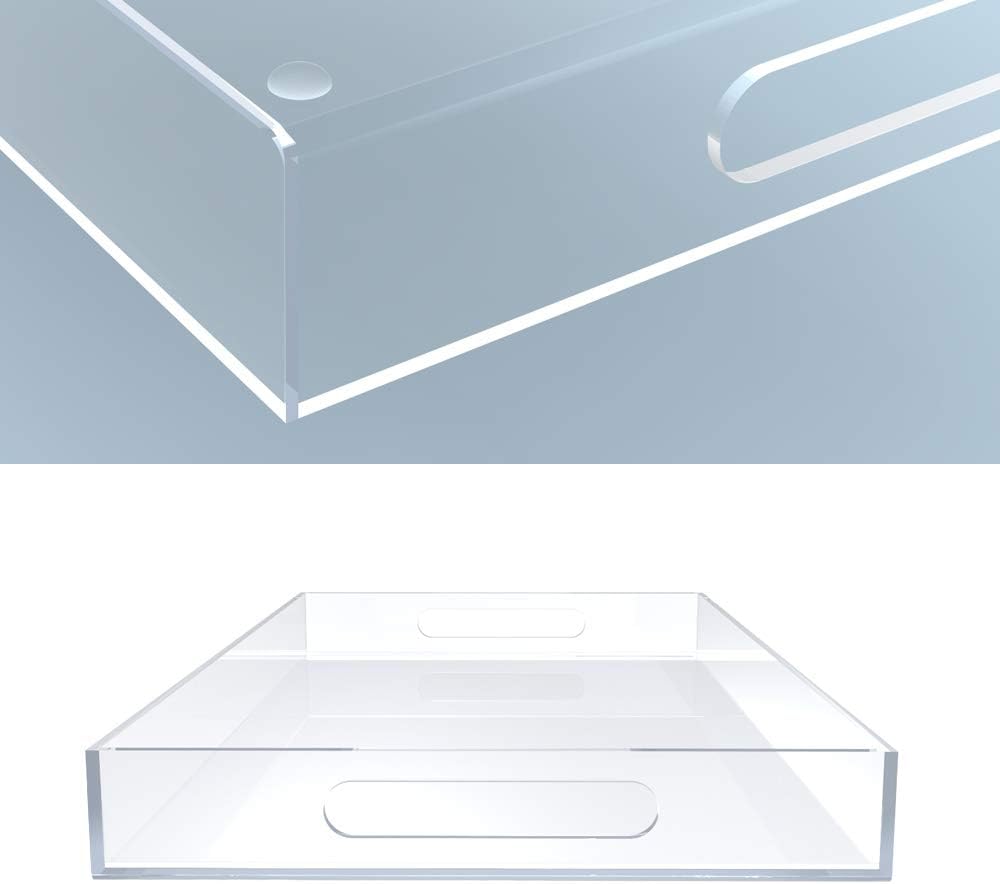 Clear Acrylic Serving Tray for Vanity, Bathroom, Outdoor, Food and Décor with Handles (Rectangle, Small)