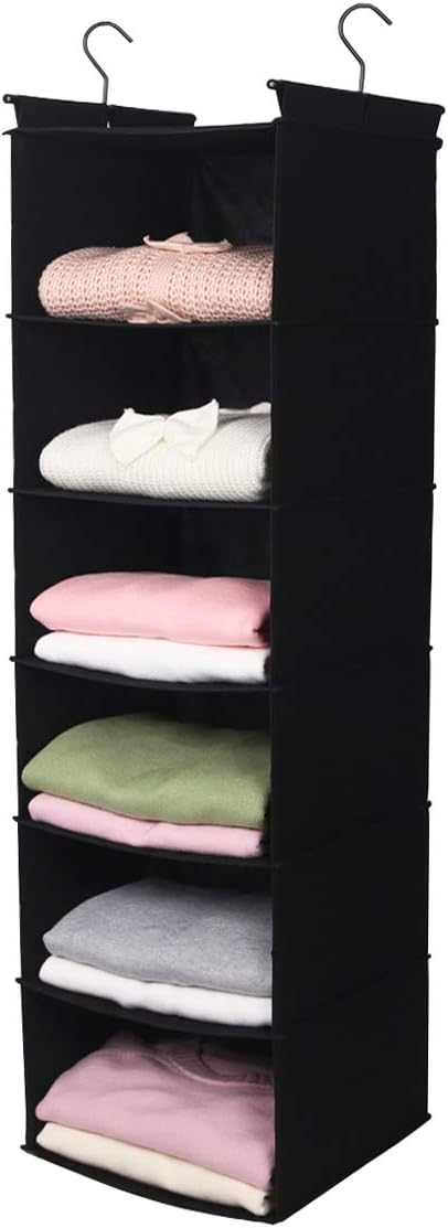 MAX Houser 6 Tier Shelf Hanging Closet Organizer, Closet Hanging Shelf with 2 Sturdy Hooks for Storage, Foldable (Black)