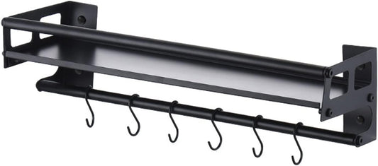 Wall Mount Storage Holder，Stainless Steel Strong Shelf with 6 Removable Hooks, Spice Rack Organizer，Kitchen Organizer Shelf, Space Saving Spice Rack and Kitchen Storage (black)