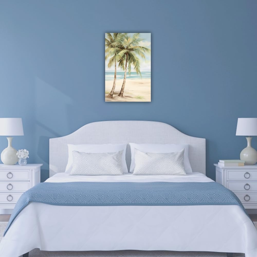 LURENCZH Tropical Beach Canvas Wall Art Seaside Palm Tree Picture Wall Decor Ocean Scenery Painting Prints for Bathroom Decor Framed(Beach-2,12.00" x 18.00")