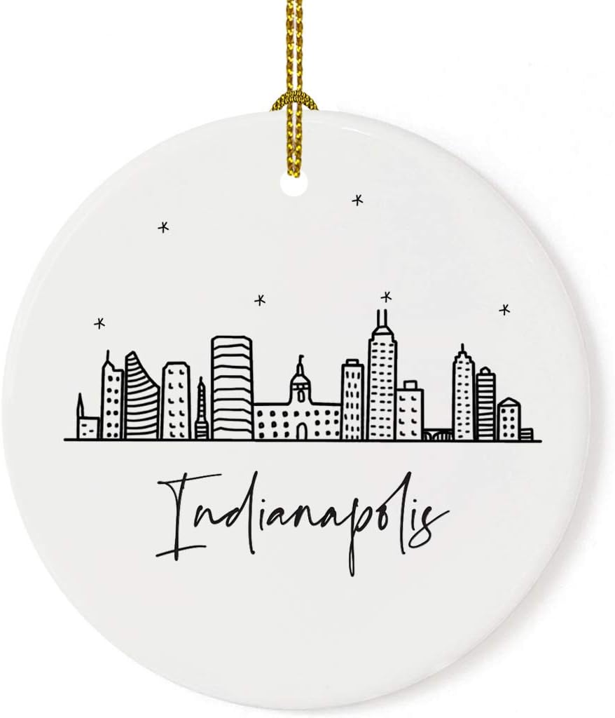 Andaz Press Round Ceramic Porcelain Christmas Tree Ornament Keepsake Gift, Indianapolis, Black and White Stars City Skyline Graphic, 1-Pack, Birthday Ideas Family Coworker Him Her, Includes Gift Box