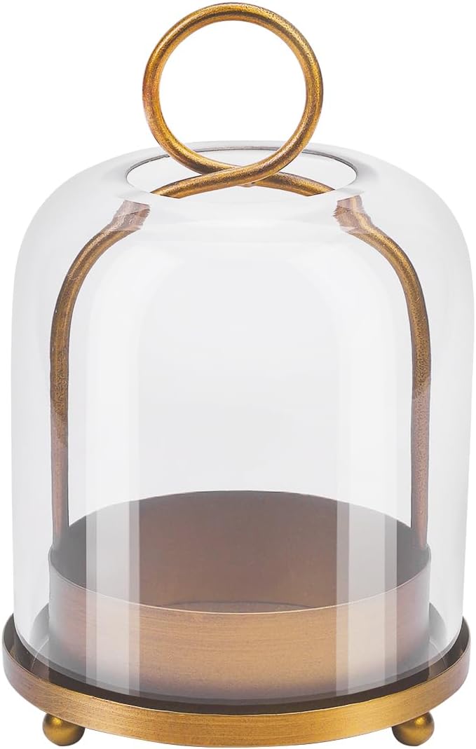 5"x7.5" Versatile Modern Metal Hurricane Lantern with Handmade Sturdy Glass Dome for 3" Pillar Candle & Plants (Brass, 5"x7.5" for 3" Pillar)