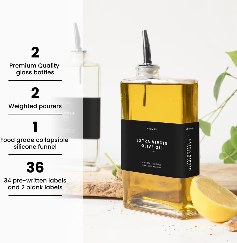 Molimoli Olive Oil Dispenser Bottle for Kitchen, Automatic Pourer, Glass Thin Bottle Dispenser for Kitchen, Olive Oil Cruet, | Set of 2 - Black