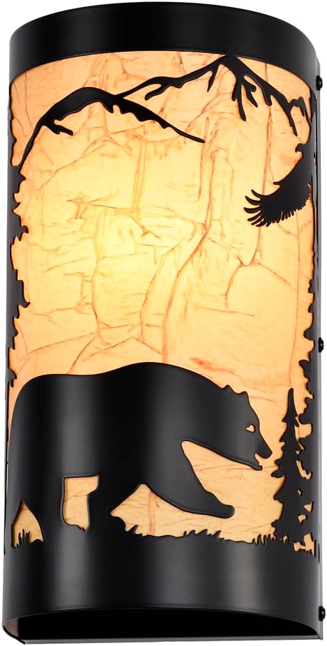 Black Wall Sconces,Bear Metal Yellow Parchment Rustic Wall Sconces,Farmhouse E26 Base Hallway Wall Light Fixtures,Industrial Wall Mount Lamp,Indoor Wall Lamps for Living Room,Bedroom,Bedside