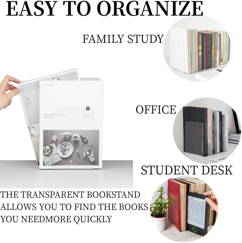 Lulonpon 4 Pieces Book Ends, Bookends, Books End for Shelves, Books End for Heavy Books, Clear Bookends, Acrylic Book Ends for School, Library,Desktop Organizer and Book Shelves