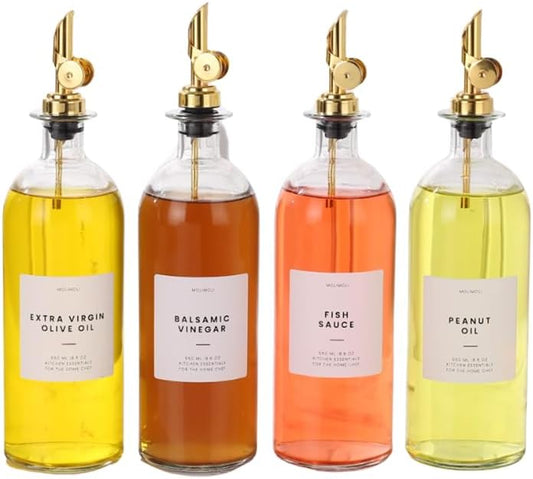 Molimoli Oil and Vinegar Dispenser with Metal Pour Spout, Weighted Pourer, Glass Bottle Dispenser for Kitchen, Olive Oil Cruet, Glass Olive Oil Bottle | 500ml, Set of 4