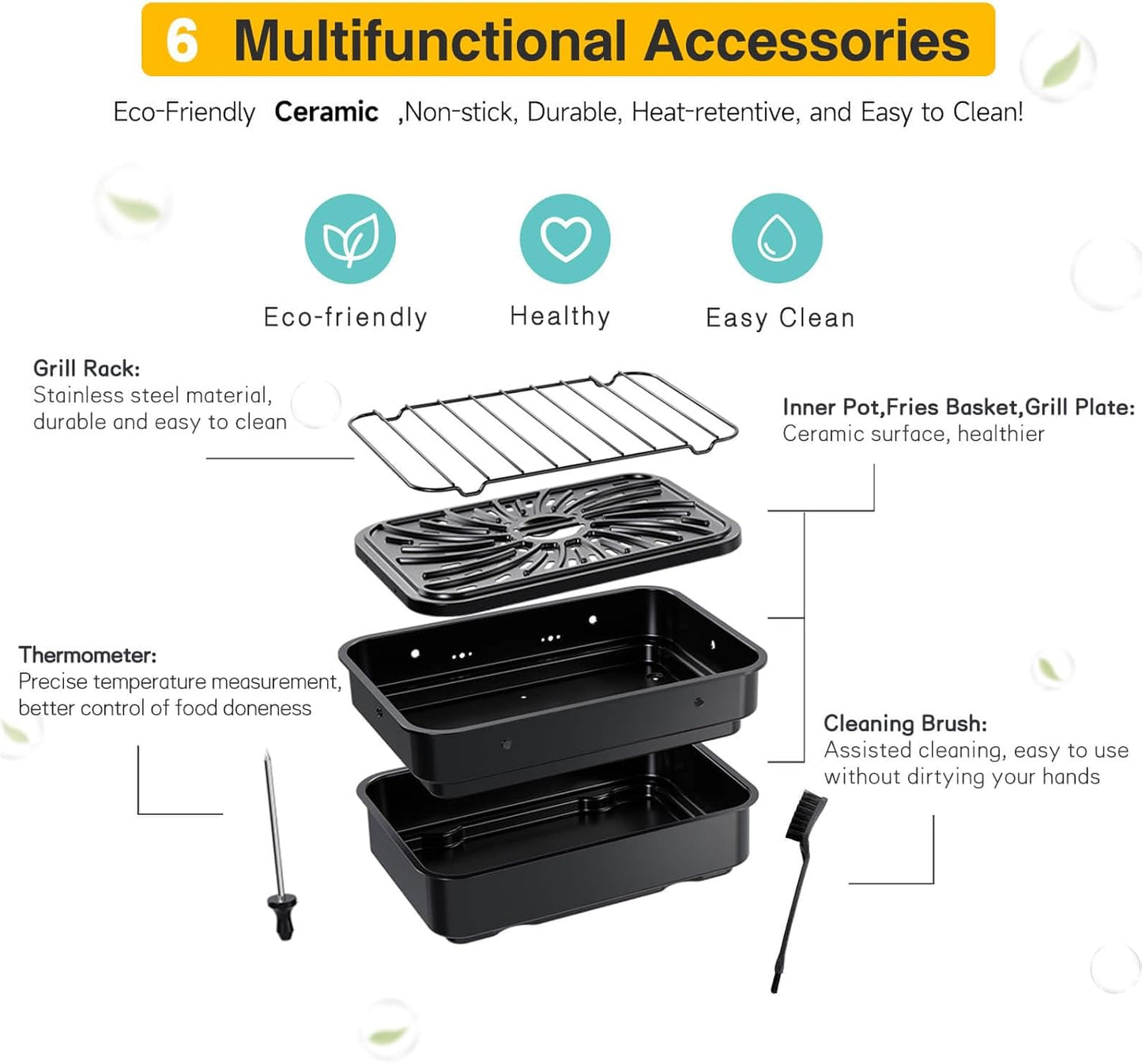 Indoor Grill and Air Fryer Combo with Ceramic Accessories, 7-IN-1 Digital Display, 5.2 QT Electric Smokeless, 500°F Max, Large View Window, Roast, Bake & Dehydrate, Adjustable Temps, Easy Clean
