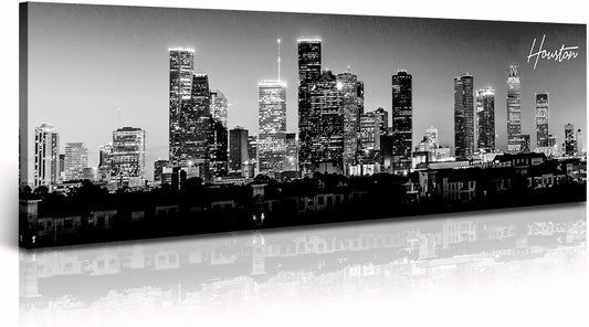 DJSYLIFE Houston Skyline Canvas Wall Art Decor Black & White City Pictures Painting Texas Cityscape Photo Print Artwork for Office Bedroom Living Room Walls Decoration Ready to Hang 13.8"x47.3"