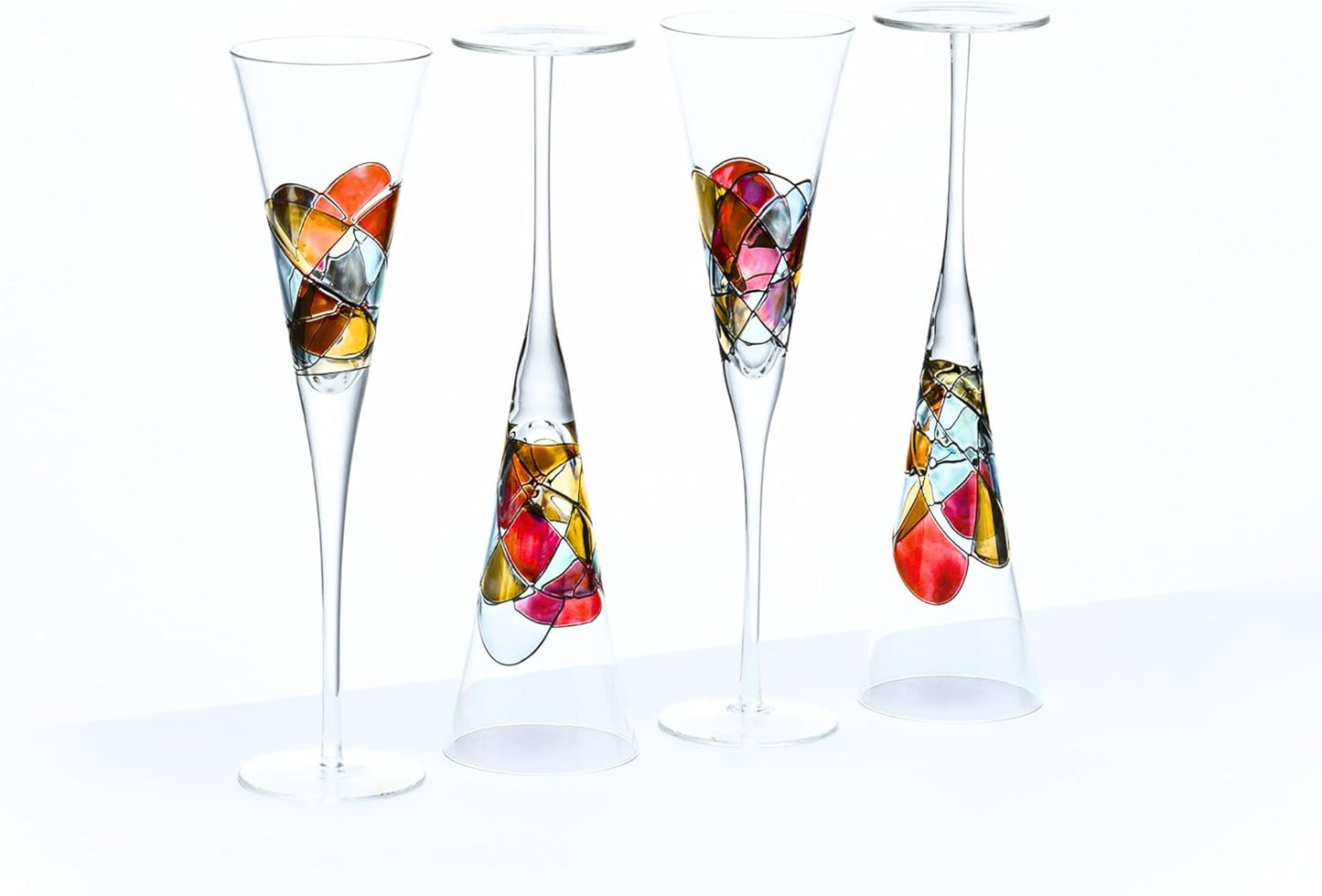 Victoria Barcelona Champagne Flute 7.5 Oz Set 4 Mouth-Blown Hand Painted Antoni Gaudi & Murano Inspired Artistic Unique Gift Ideas Anniversary Birthday Weddings Women Men