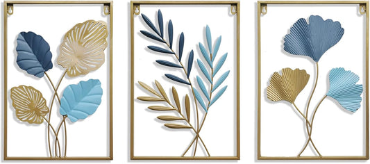 MKUN Iron Wall Sculptures - Large Set of 3 rectanglar Metal Wall Decor with Ginkgo Biloba Art Great for Home Hotel Decoration (Gold Blue)