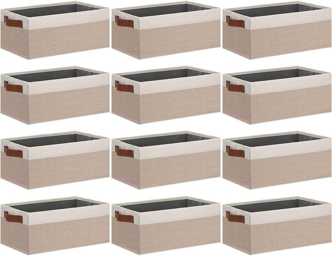 GhvyenntteS Small Fabric Storage Bins 12 Pack, 11.8" x 7.87" x 5.11" Storage Basket with Leather Handles, Closet Storage Bins for Shelves, Storage Baskets for Shelves, DVD Storage (Pink/White)