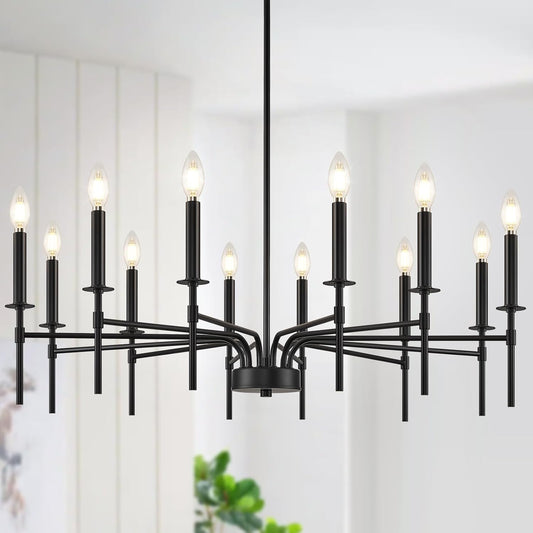 12 Light Black Chandelier Light Fixture, Modern Farmhouse Chandeliers for Dining Room Light Fixture, Metal Candle Pendant Chandelier for Foyer Entryway Stairs Living Room Bedroom Kitchen