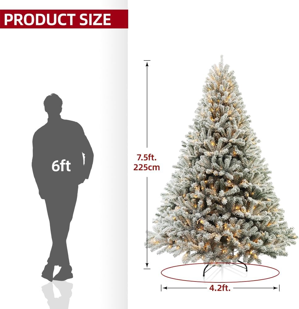 Prelit Christmas Tree With Lights 7.5ft,Premium Snow Flocked Artificial Xmas Tree, With 1364 Branch Tips and 550 Warm Lightsm,Support Automatique,Perfect Choice for Christmas Decorations,White