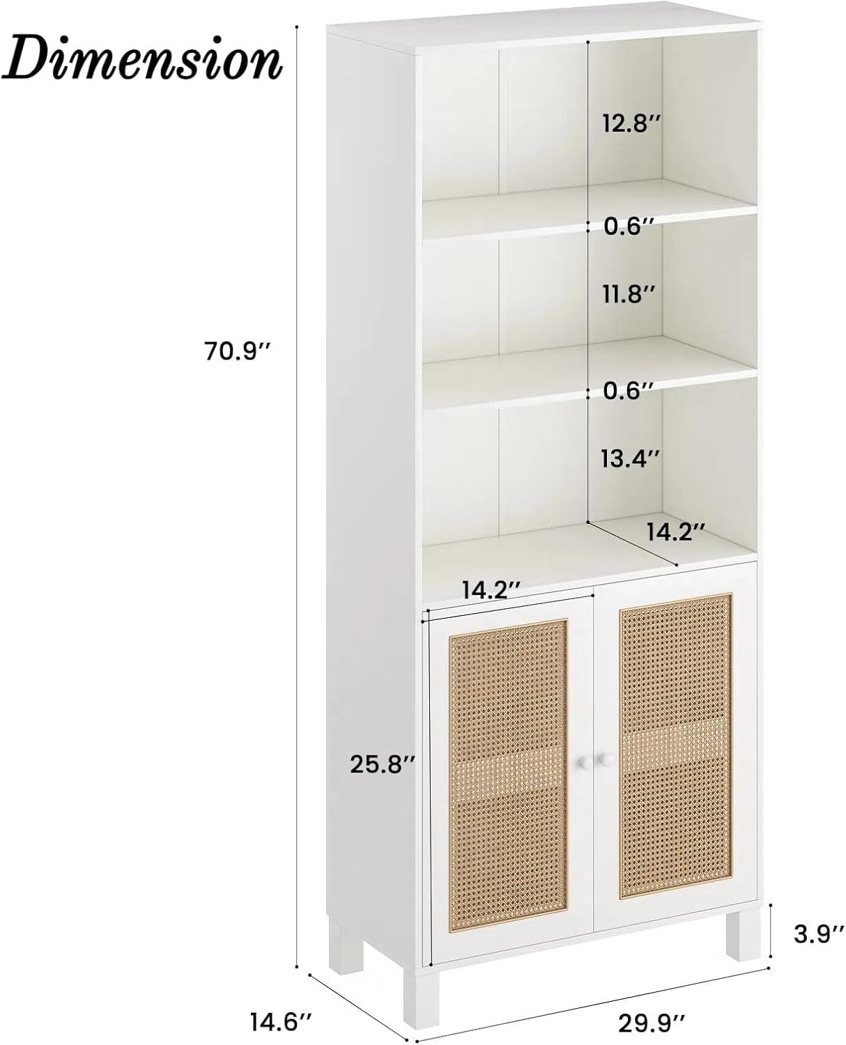 Tall Bookshelf, 5-Tier Book Shelf with 2 Rattan Doors, Freestanding Bookcase Display Shelves with Large Storage, Book Case for Living Room, Office, Study, Bedroom, 70.9 Inch