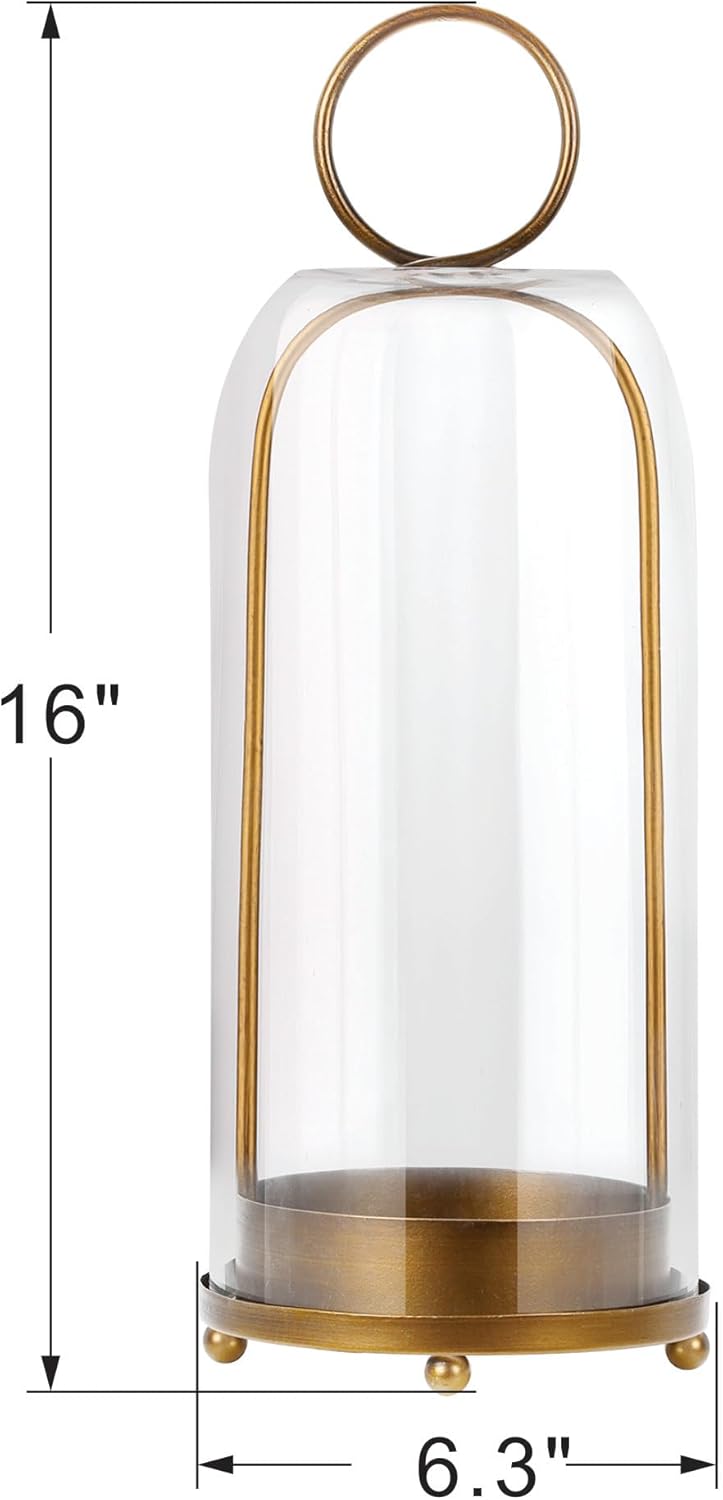 16" High Versatile Modern Metal Hurricane Lantern with Handmade Sturdy Glass Dome for Pillar Candle & Plants (Brass, 6.3"x16.5")