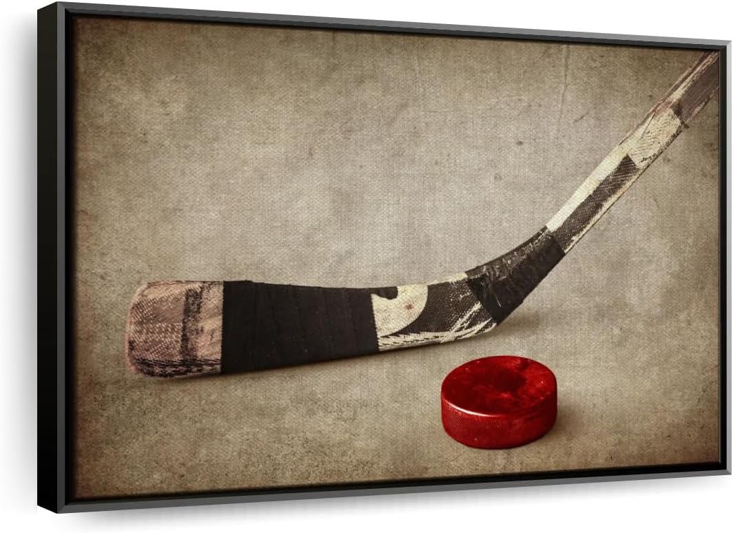 Elephant Stock Vintage Ice Hockey Wall Art - Horizontal Framed Canvas - 1-Piece Hallway Wall Decor - Photography Sports Canvas Print - Brown and Beige Decor for Wall - 31" X 21"