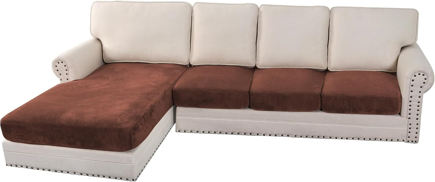 H.VERSAILTEX Velvet Stretch Sectional Couch Covers 4 Pieces Sofa Seat Cushion Covers L Shape Separate Couch Cover for Both Left/Right Sectional Couch (Large Sofa 3 Seater + 1 Chaise, Burnt Brick)