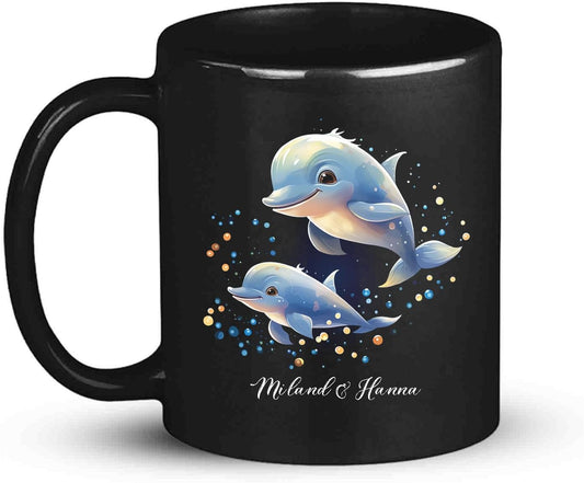 Custom Name Xmas Animal Cup, Cute Dolphins Swimming Design Mug 11oz 15oz, Customized Christmas Dolphins Black Cup, Personalized Animal Lover Coffee Mug, Gift For Newlyweds, Close Friend