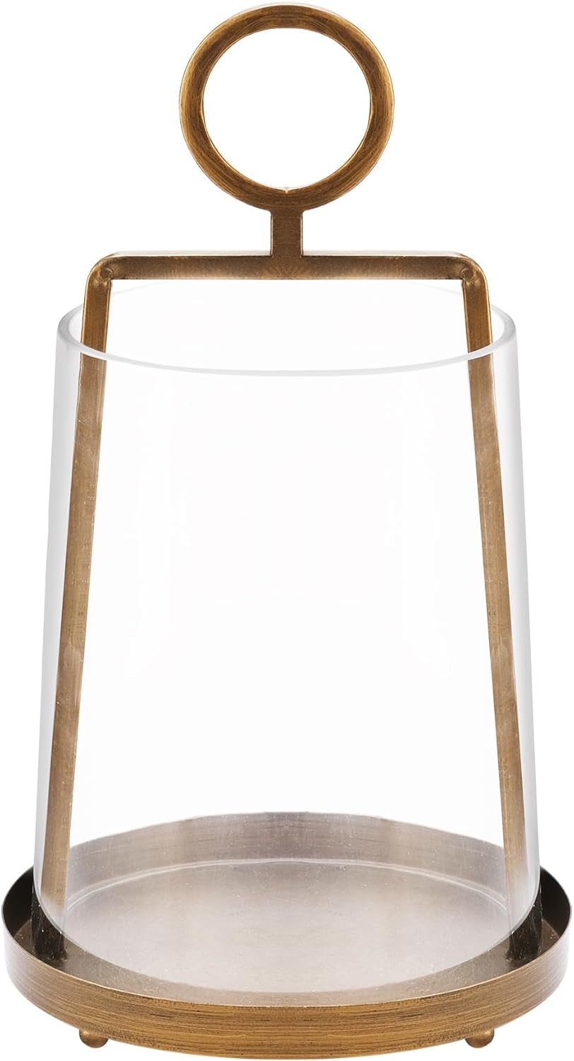9" Wide Modern Farmhouse Metal Hurricane Candle Holder with Handmade Sturdy Glass Sleeve in Antique Brass for Pillar Candle & Plants, Hurricane Lantern, Industrial, Minimalistic (1, Brass, 9"x14")